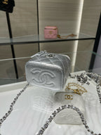 Silver embossed mini vanity bag with chain strap, textured front and zipper top
