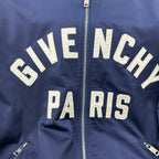 Dark blue bomber jacket zip front with "GIVE NCHY" and "PARIS" lettering