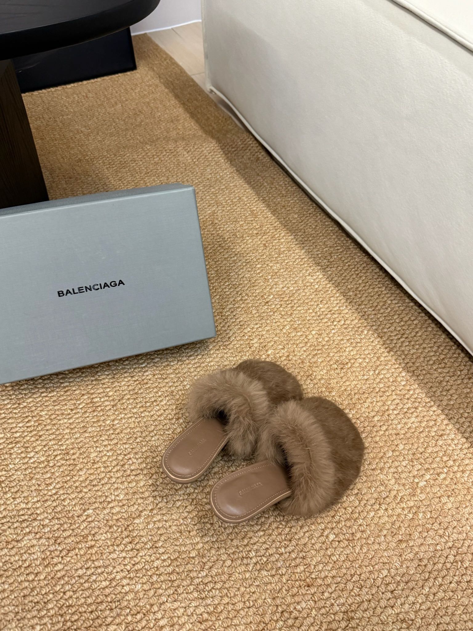 Taupe faux-fur slide sandals, open toe, side view with tan outsole