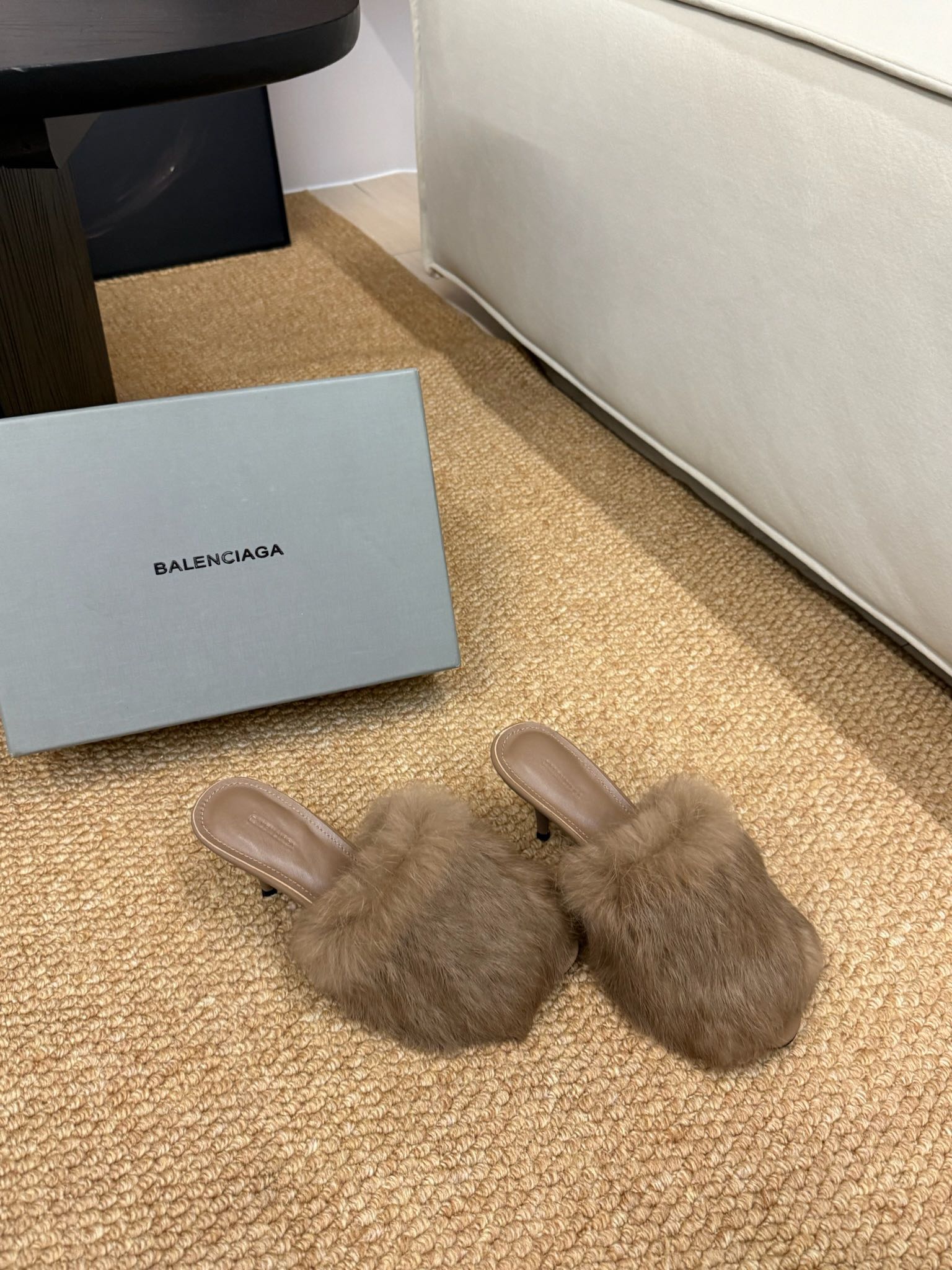 Taupe faux-fur slide mules with open toe and slender low block heel