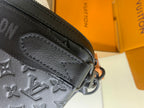 Louis Vuitton crossbody strap and dark monogram bag edge with visible stitching