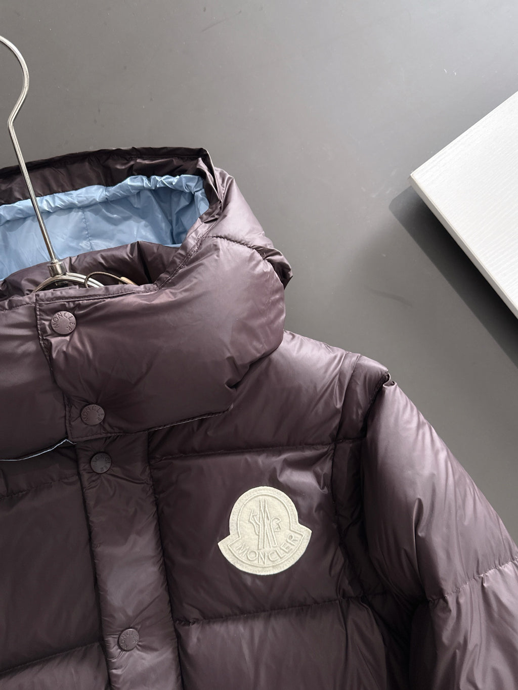 Moncler hooded puffer jacket, dark plum, chest logo patch detail