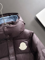 Moncler hooded puffer jacket, dark plum, chest logo patch detail