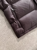 Moncler long puffer jacket, dark plum, front zipper and stitched quilting
