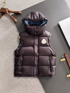 Moncler hooded puffer vest, dark plum, logo patch, zipper pockets