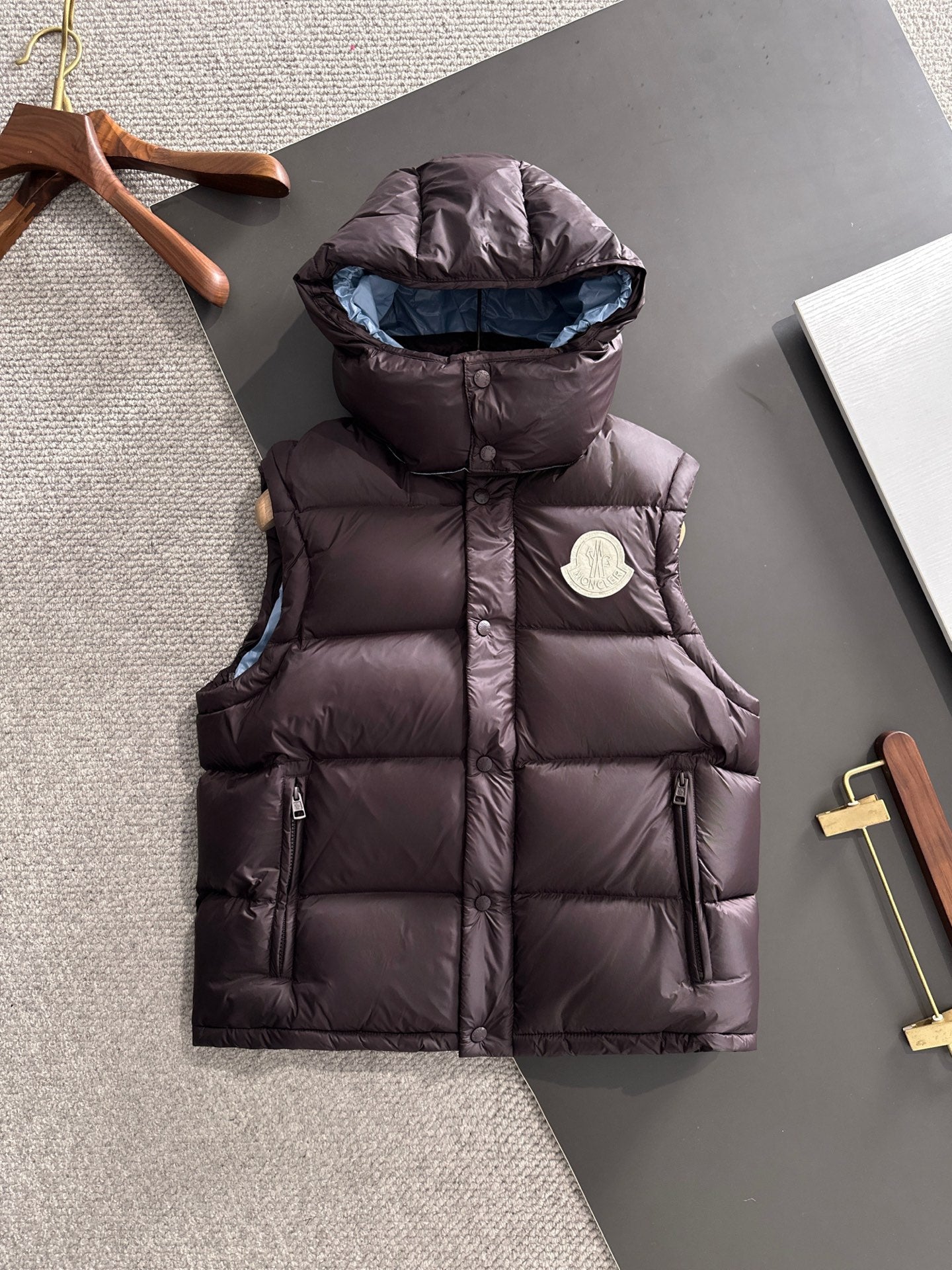 Moncler hooded puffer vest, dark plum, logo patch, zipper pockets
