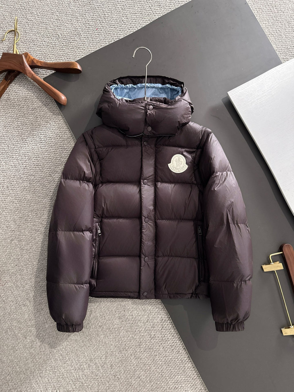 Moncler hooded long puffer jacket, dark plum, button front