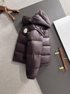Moncler long puffer jacket, dark plum, hooded with padded shoulder