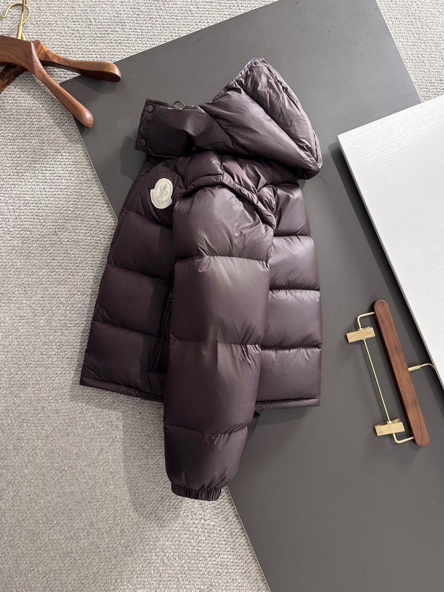 Moncler long puffer jacket, dark plum, hooded with padded shoulder