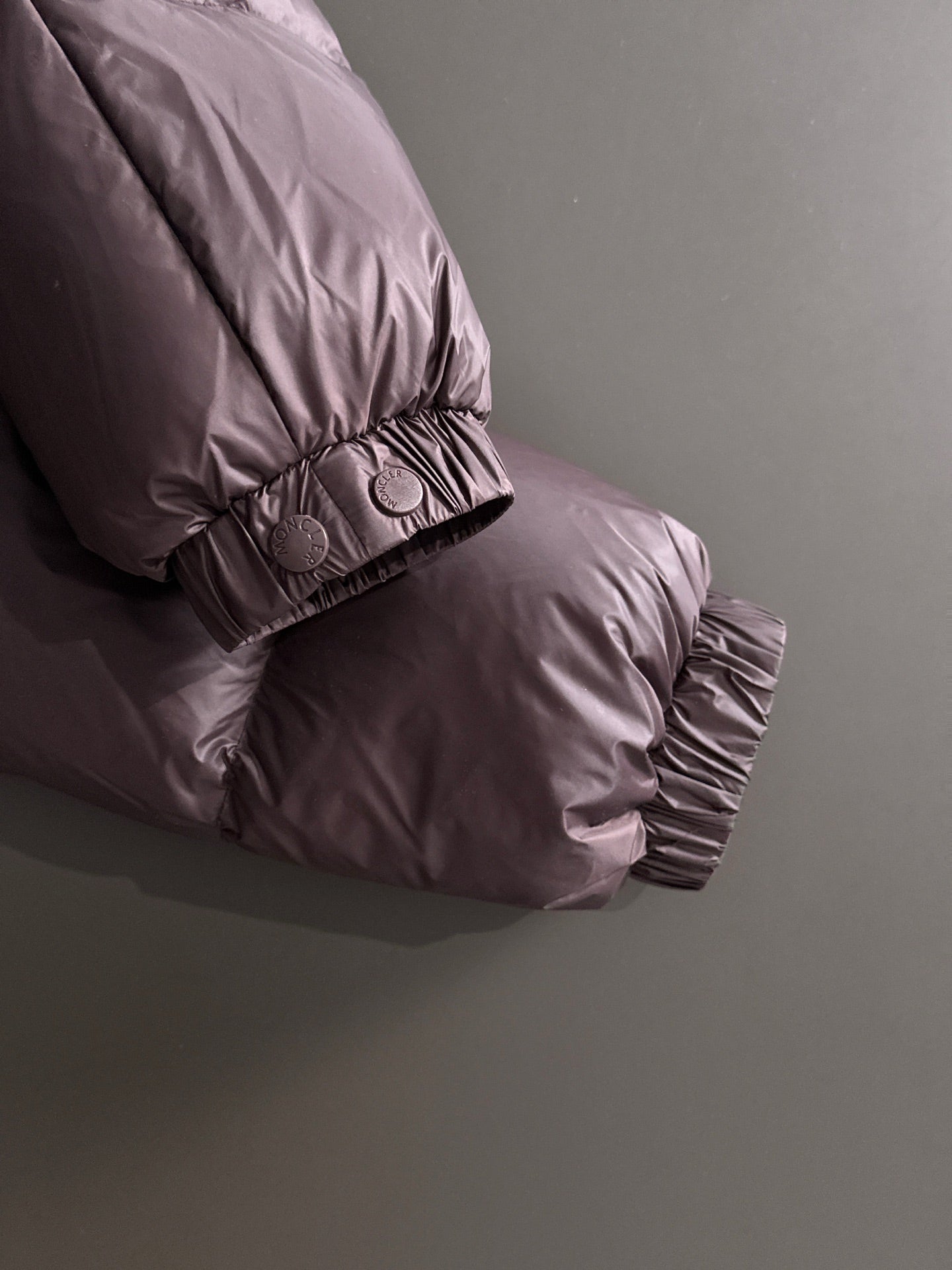 Moncler puffer jacket cuff, dark plum with logo patch and elastic hem