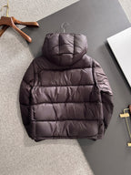 Moncler long puffer jacket, dark plum, back view with hood