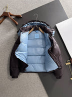 Moncler hooded puffer jacket, dark shell, light blue interior lining
