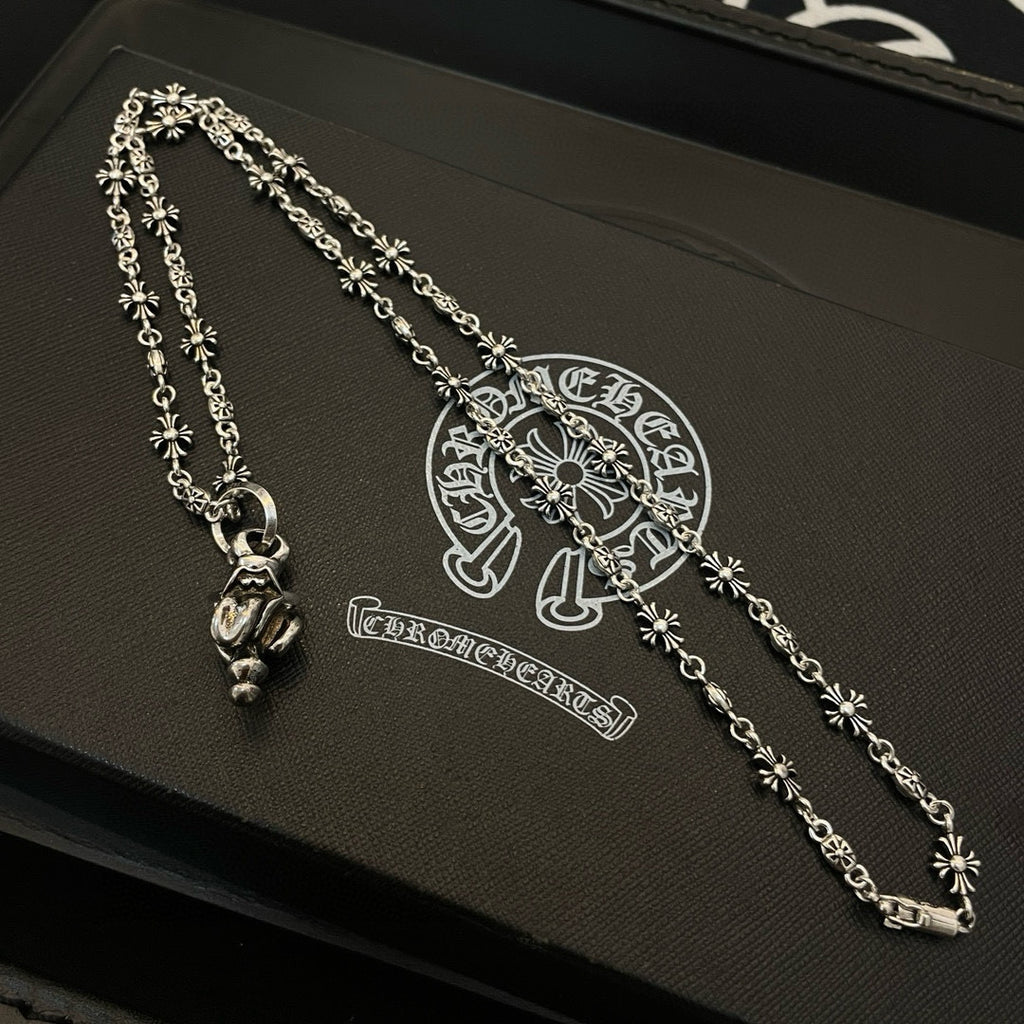 Chrome accessories silver-tone layered chain bracelet set with two charms