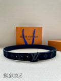 Leather belt with dark monogram canvas and metal buckle, dark navy strap
