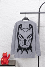 Gray knit sweater with black cartoon animal graphic on front