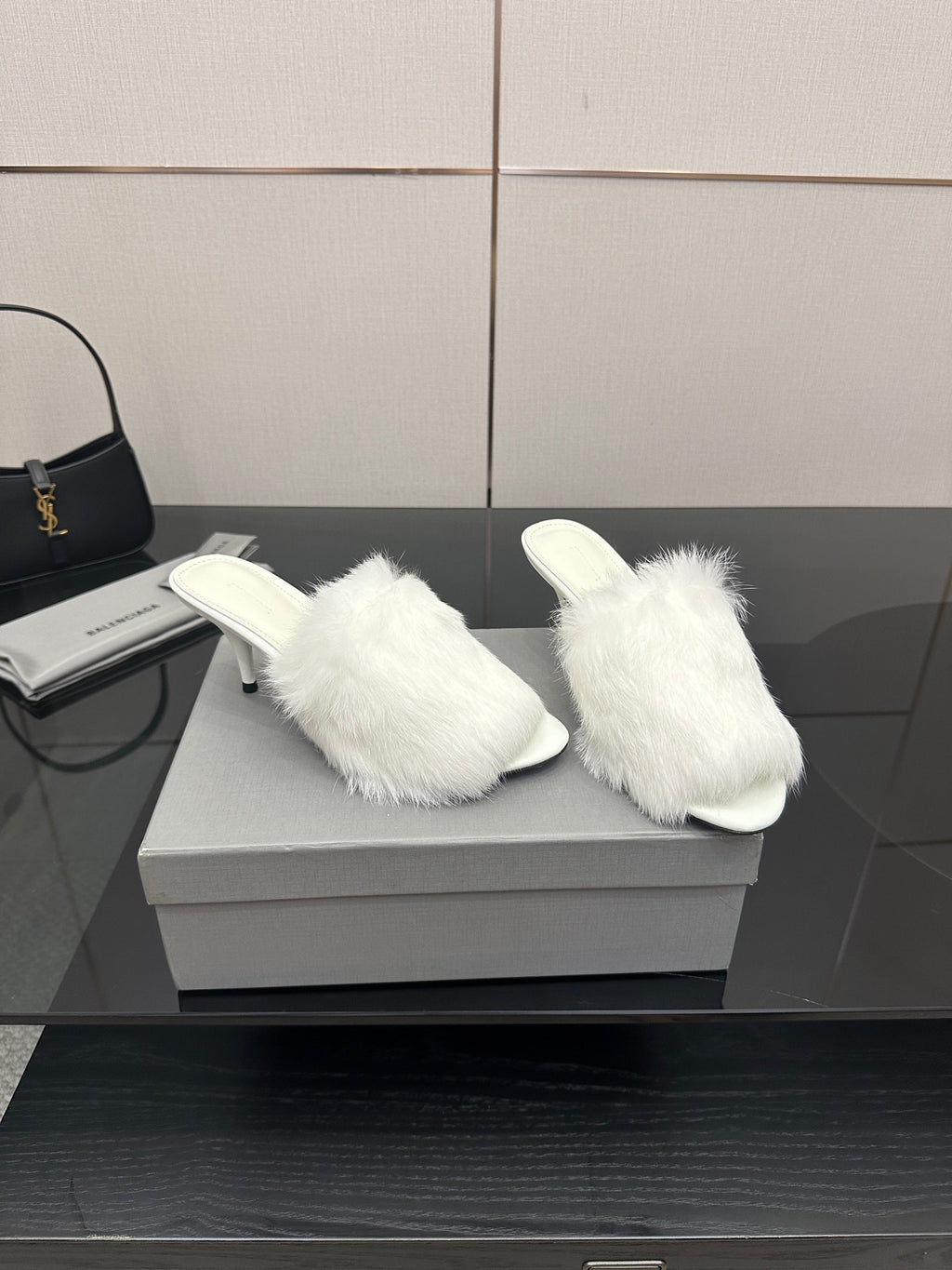 White faux-fur slide sandals on box, open toe with low heel