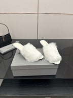 White faux-fur slide sandals on box, open toe with low heel