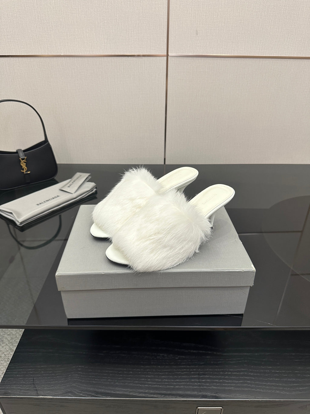 White faux-fur slide sandals, open toe and low block heel