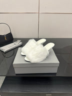 White faux-fur slide sandals, open toe and low block heel