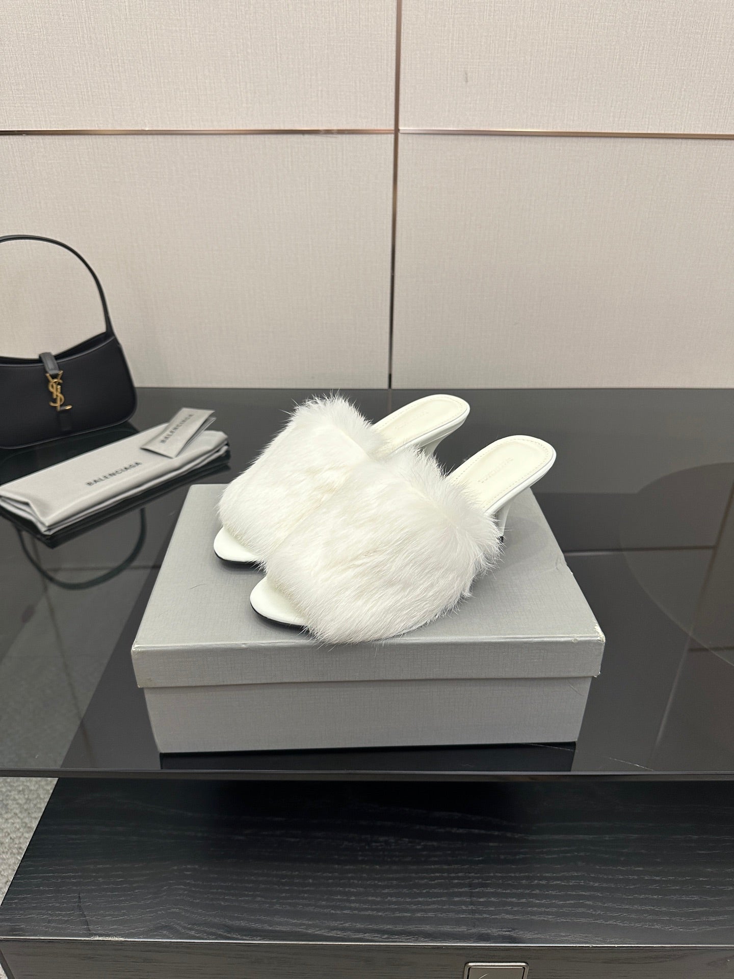 White faux-fur slide sandals, open toe and low block heel