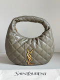 Quilted hobo bag in metallic gray with gold YSL logo and top loop handle