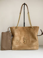 Tan suede tote bag with gold chain handles and YSL logo front center