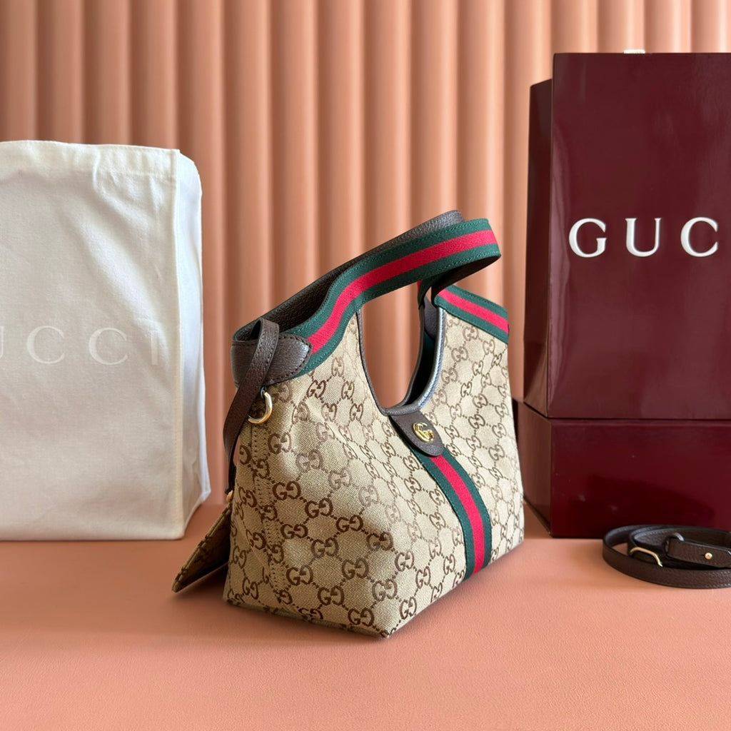 Gucci GG tote bag with red-green Web stripe and brown side leather strap