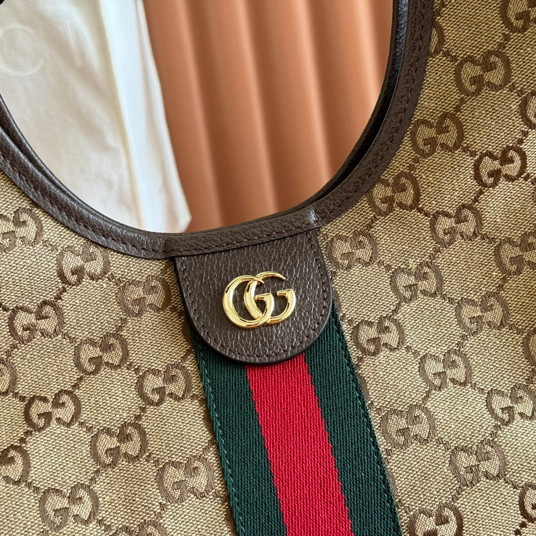 Gucci GG tote bag, brown leather strap with gold GG emblem and Web stripe