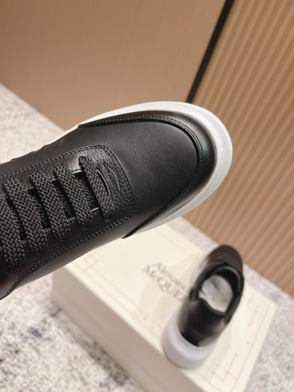 Alexander McQueen sneaker toe and lace panel in black leather with white edge sole