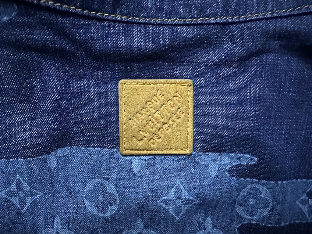 Louis Vuitton denim shirt square yellow brand patch on blue fabric