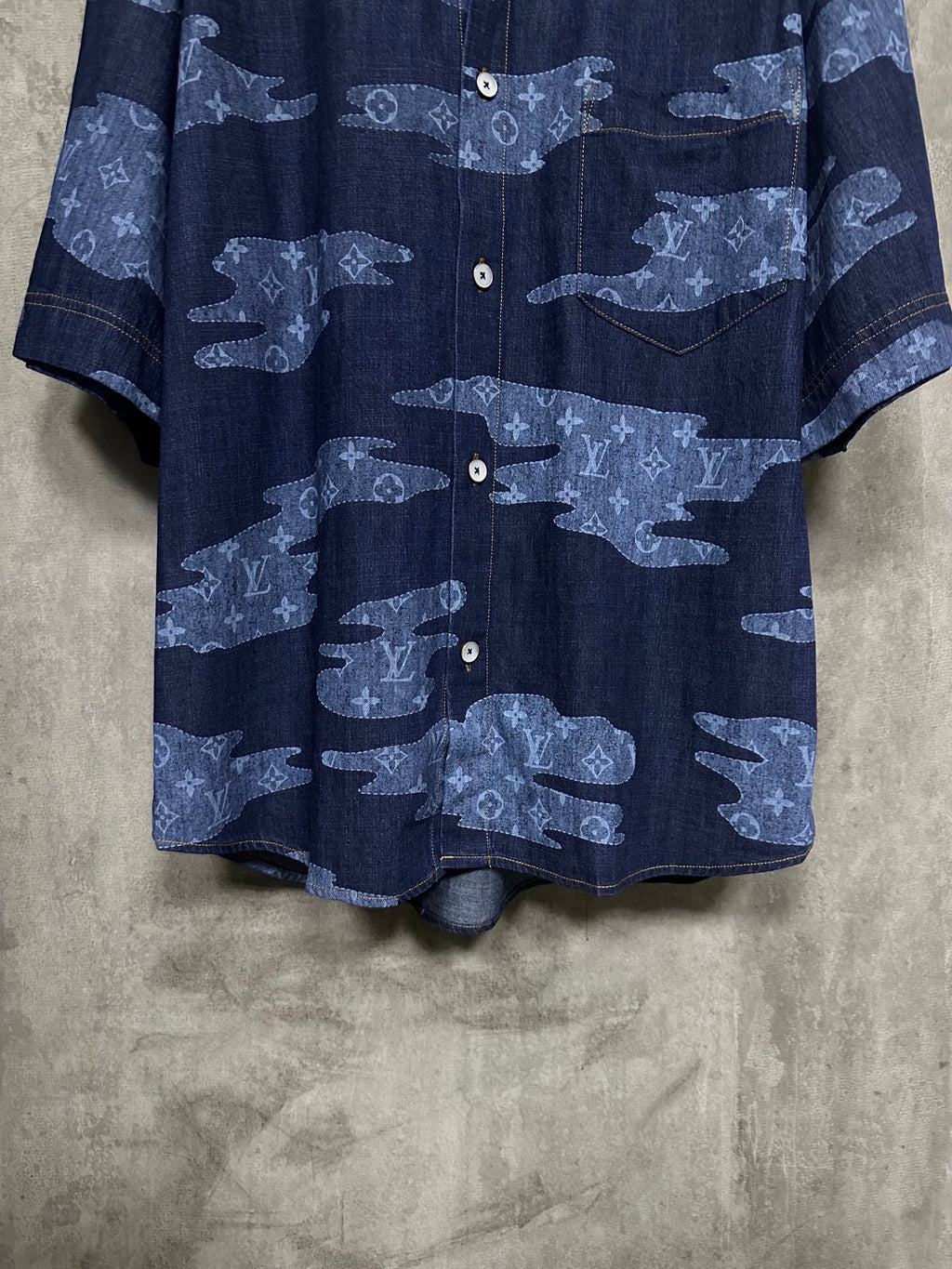 Louis Vuitton short-sleeve denim shirt front, dark blue with light-blue pattern and buttons