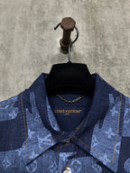 Louis Vuitton short-sleeve denim shirt front neckline, dark blue with light-blue pattern