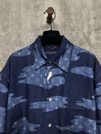 Louis Vuitton short-sleeve denim shirt with collar and front button placket, dark blue print