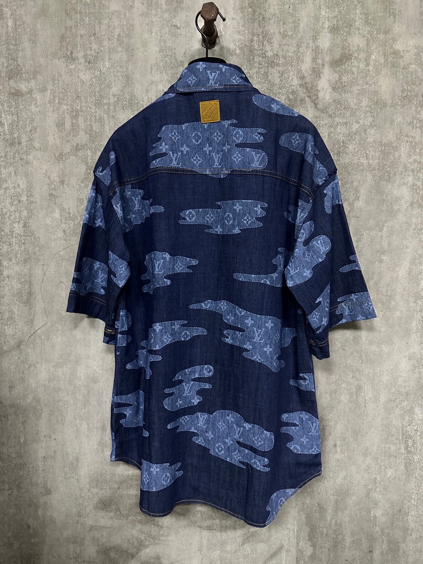 Louis Vuitton short-sleeve denim shirt, dark blue with light-blue print, back view