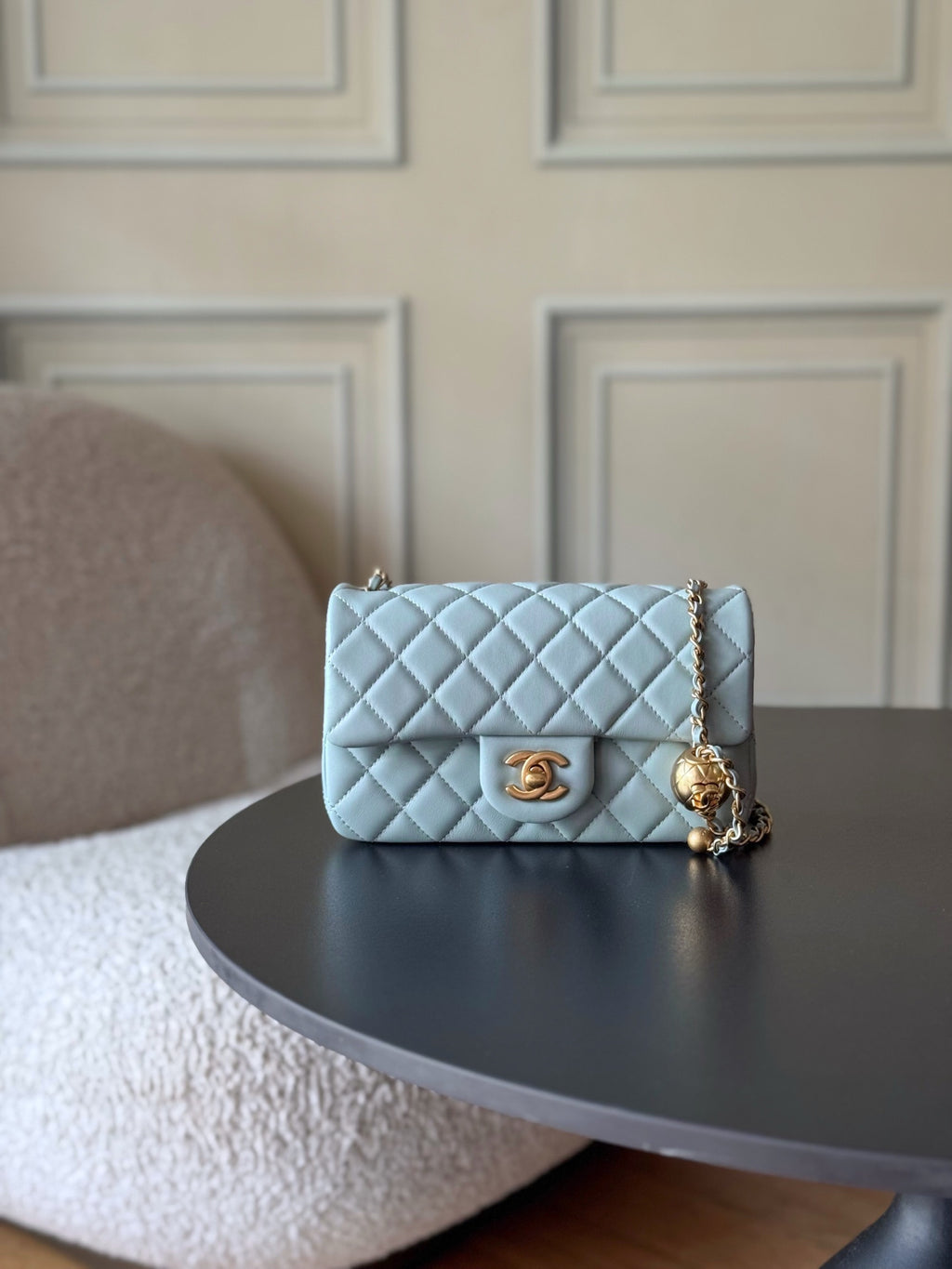 Chanel quilted flap bag, light blue with gold CC turn-lock and shoulder chain