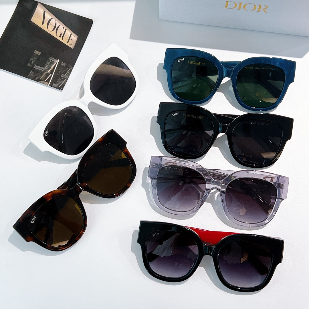 Assorted sunglasses (5 pairs) in blue, black, tortoise, purple, and white with Dior logos