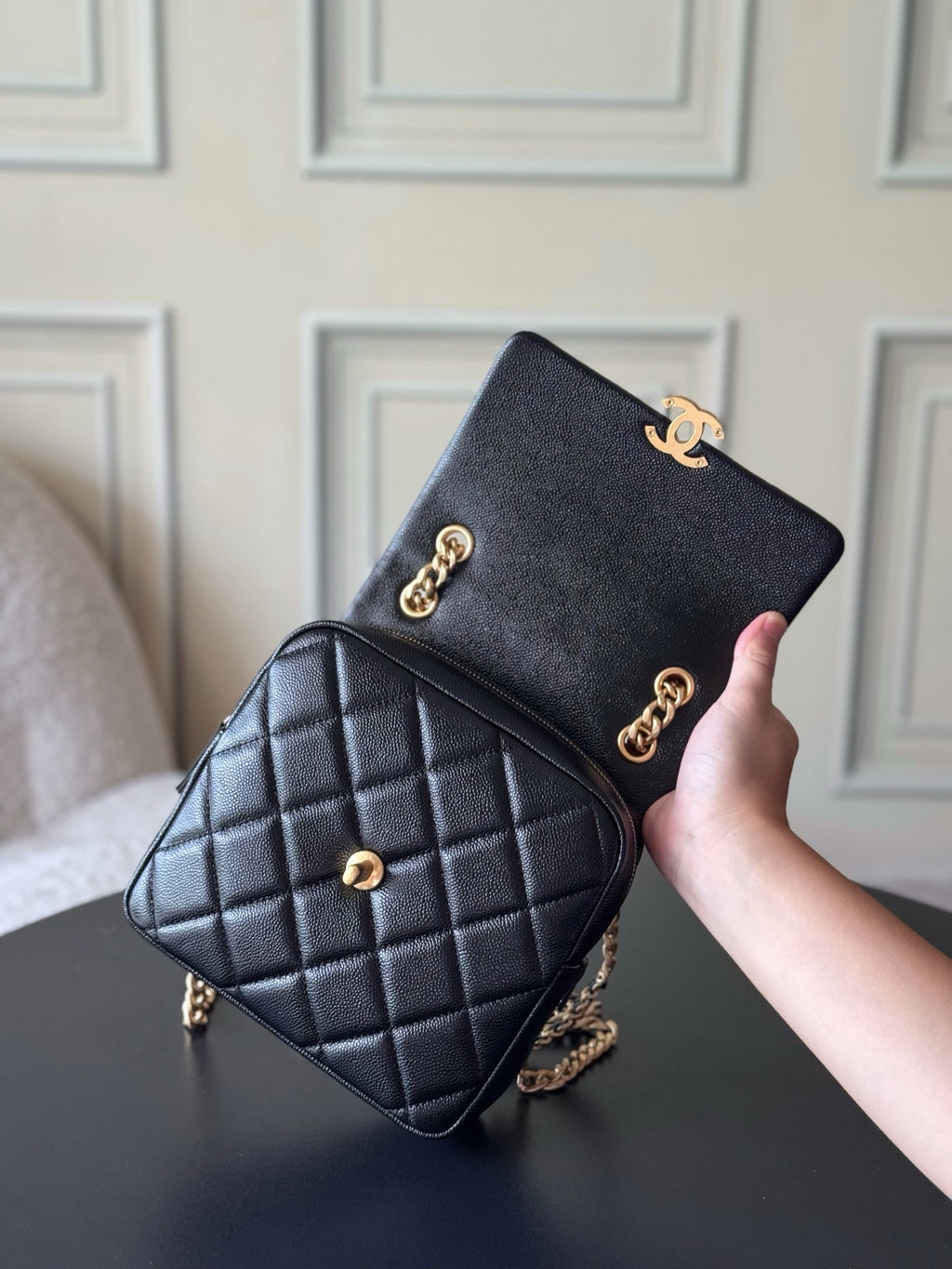 Chanel quilted mini bag, black with gold CC hardware and chain crossbody