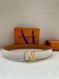 Louis Vuitton belt with turquoise-and-white patterned canvas strap and gold buckle