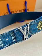 Blue patterned belt strap with silver metal buckle close-up, LV logo front