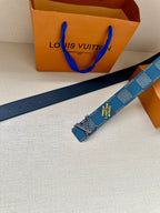 Blue Louis Vuitton belt strap with perforations and printed logo text