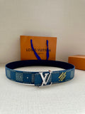 Blue patterned Louis Vuitton belt with silver-tone LV buckle and adjustable strap