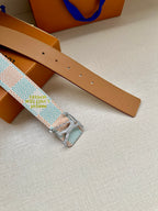 Louis Vuitton tan leather belt strap with perforations and light blue/white canvas keeper.