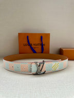 Louis Vuitton canvas belt in light blue and white with silver buckle.