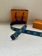 Louis Vuitton belt looped, blue check strap with gold-tone LV buckle