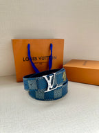 Louis Vuitton belt in blue check, gold-tone LV buckle front view