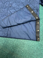Navy quilted jacket sleeve cuff with dark snap strap detail