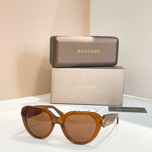 Bvlgari round sunglasses with warm brown lenses and amber tortoiseshell frames