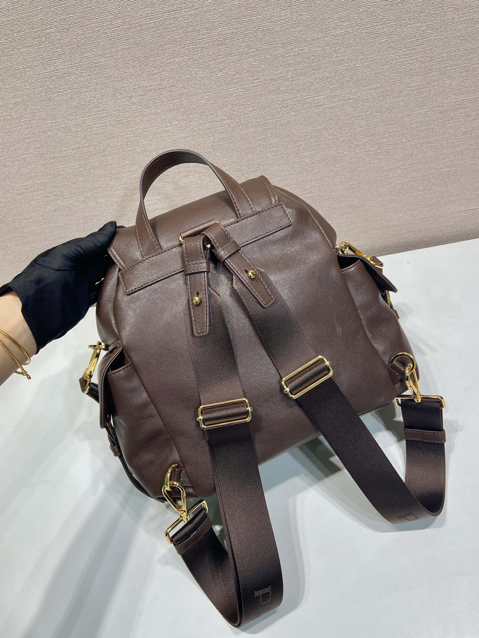Brown leather mini backpack with two front buckles and adjustable crossbody straps