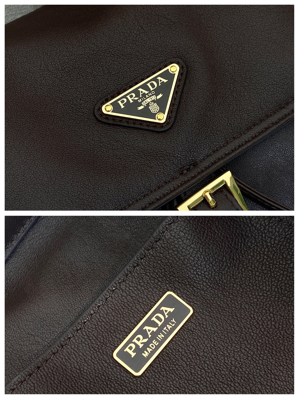 Prada logo patch close-up on dark leather mini backpack with gold trim