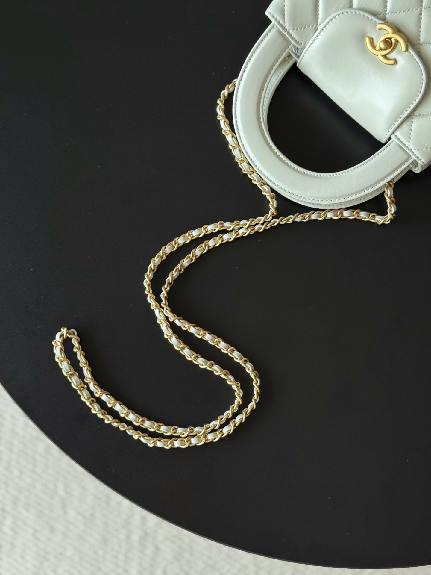 Chanel quilted mini handbag white with gold chain strap detail